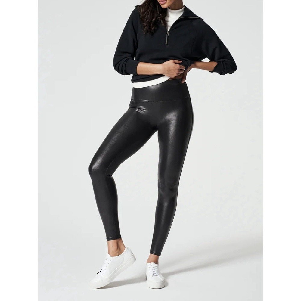 SPANX Women's XL Faux Leather Leggings 2437 High Rise Shaping Compression Black